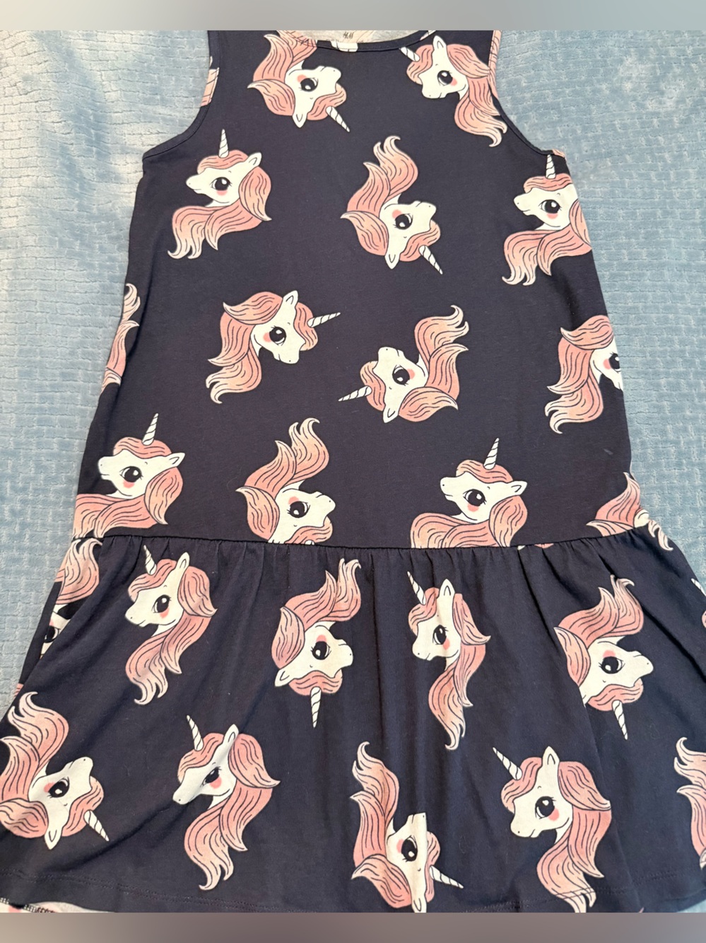 H&M Girls Navy Unicorn Print Dress with Pink 8/10